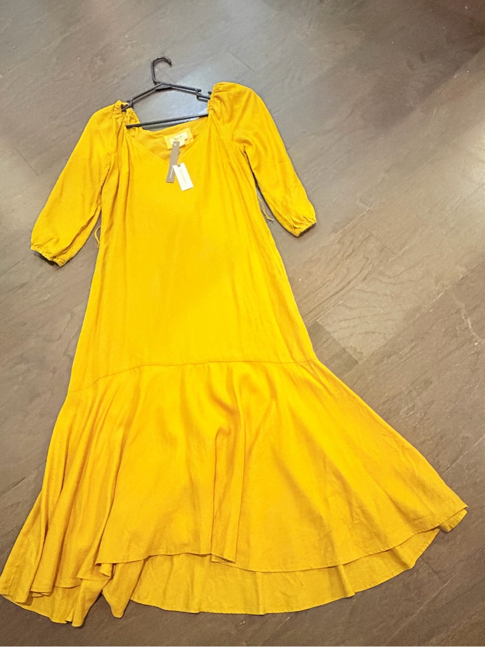 Anthropologie  Mustard Yellow Midi Dress with Puff Sleeves